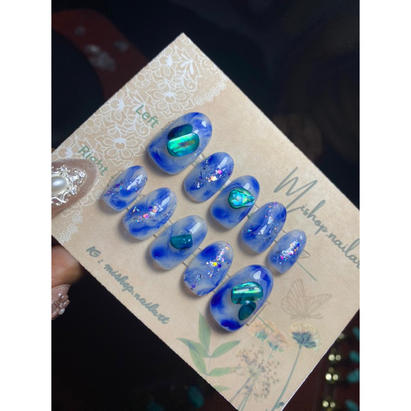 kuku palsu / hand made / fake nails / nail wedding /naiiltip /presh on nail biru laut