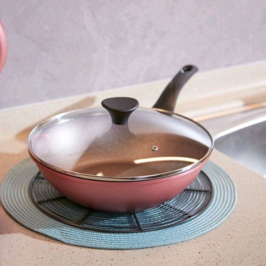 Neocook Wok Pan Pink 28 cm + Tutup Kaca Anti lengket Coating Megastone