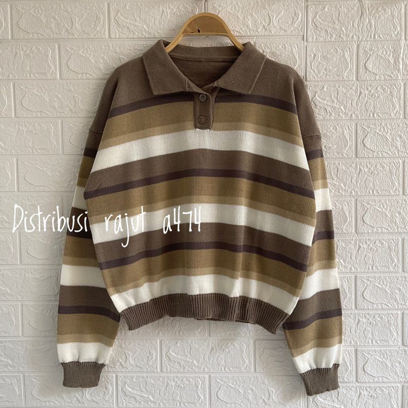 NAVA URBACK POLO SWEATER RAJUT KANCING MOTIF BLASTER STRIPPY ATASASAN WANITA LENGAN PANJANG