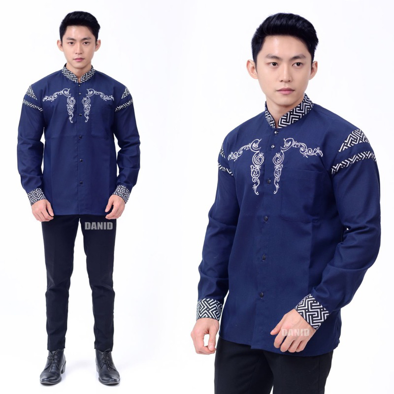 Baju Koko Pria Bordir Warna Biru Navy Ukuran M L XL