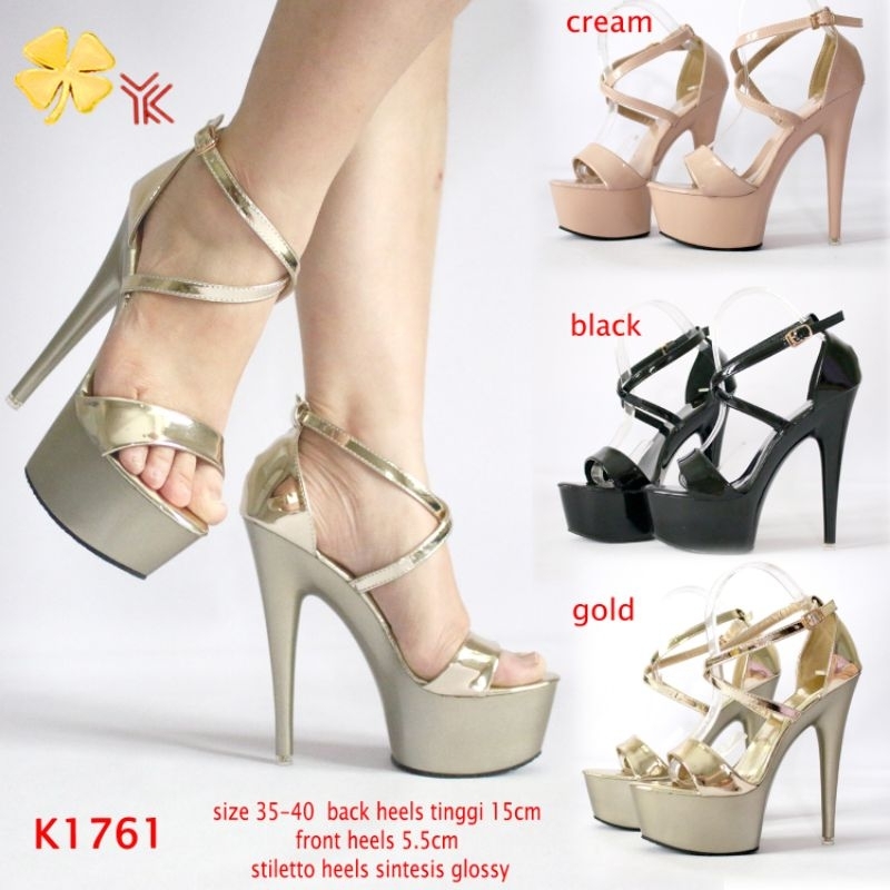 YKshoes 1761 heels 15cm strappy 1 dengan tali silang pergelangan stiletto heels black gold beige hee