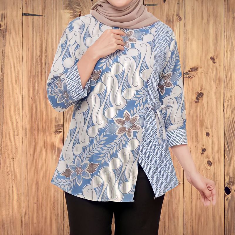 blouse batik senopati soft biru original arta batik super atasan batik wanita jumbo atasan big size 