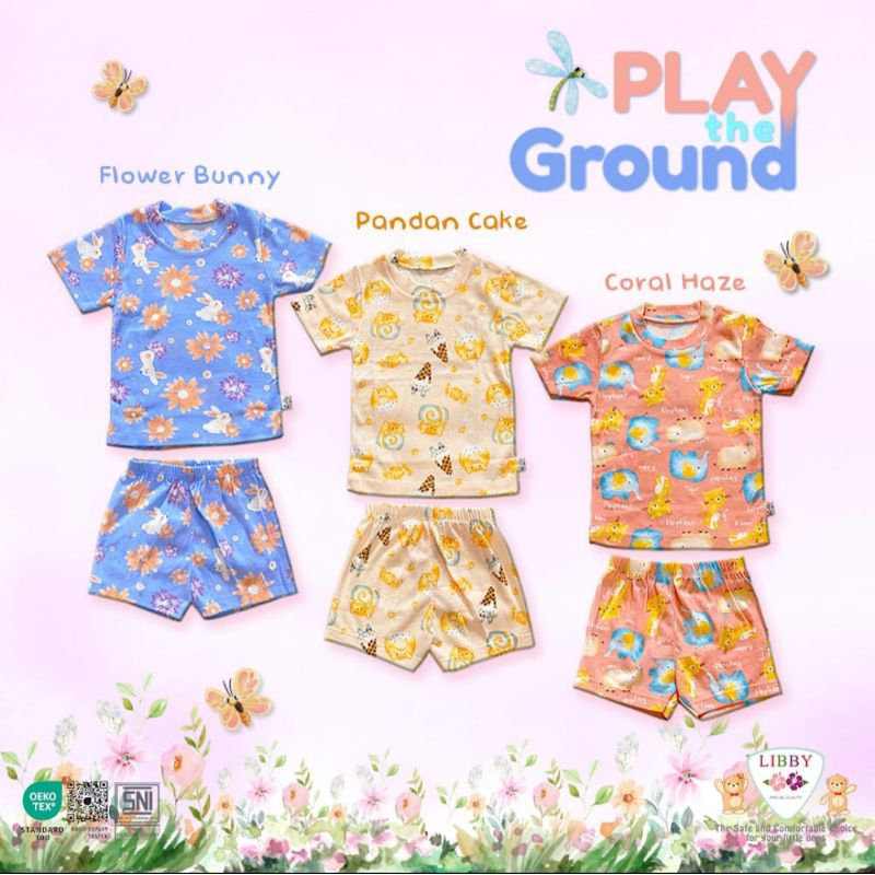 3pc_ Libby baby  setelan pendek bahan 100% cotton motif  PLAY THE GROUND happy farm,gardens by the JOY,  Picnic in the garden boy n girl series basking in the sun/ setelan libby baby / setelan bayi