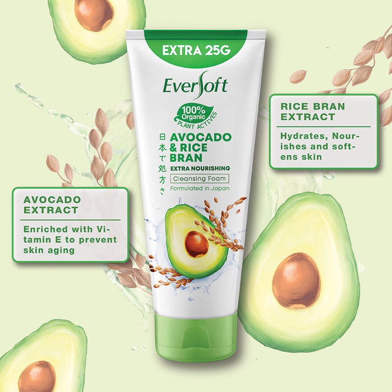 Eversoft Avocado Rice Bran 170g + 25g Ginkgo Tomato Extra Hydration Malaysia Import 195gr