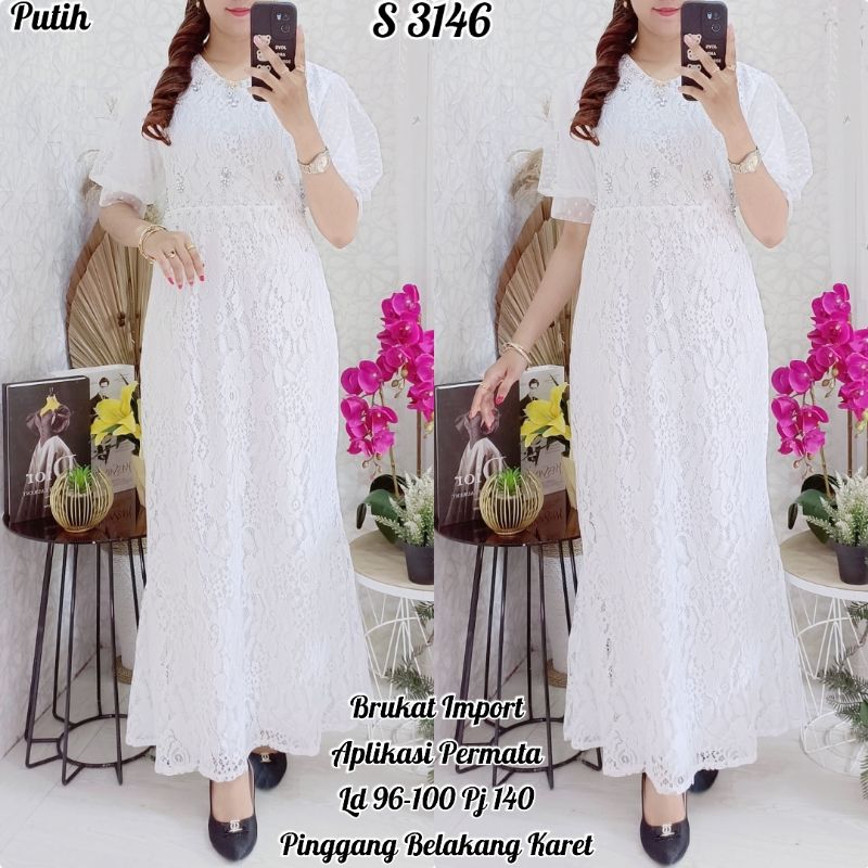 STYLE LONGDRESS BRUKAT PUTIH MOTEK DRESS PANJANG LENGAN PENDEK