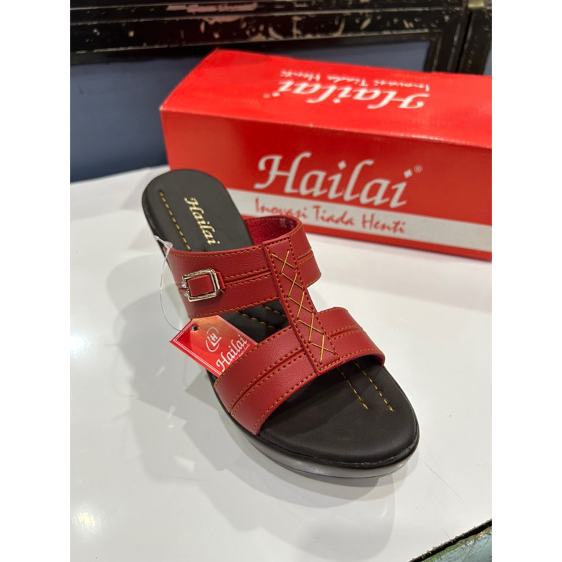 Sandal Wanita Hailai Merah Tali Gesper Wedges Heels 7CM