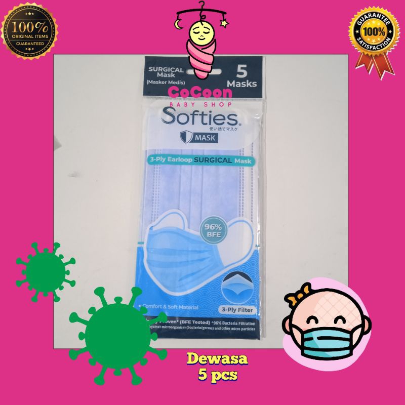 Masker Medis Kesehatan Dewasa Softies 3 Ply Earloop Sachet 5 Pcs