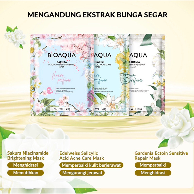 Bioaqua Sheet Mask Masker Wajah Flowers Series (28gr/pcs) Hydrating Essence Face Mask Brightening dan Anti Acne