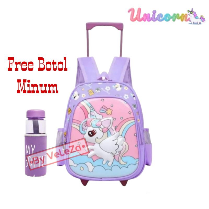 Tas ransel troli anak Unicorn cute gratis Botol Minum