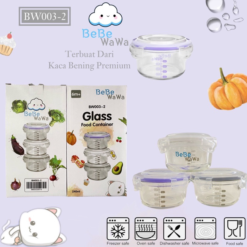 PROMO SEN TERLARIS 3pcs 240ml Baby Glass Food Container BW003-2 / Glass Storage MPasi + penutup BPA FREE / Mangkok Kaca Tempat Makan Bayi