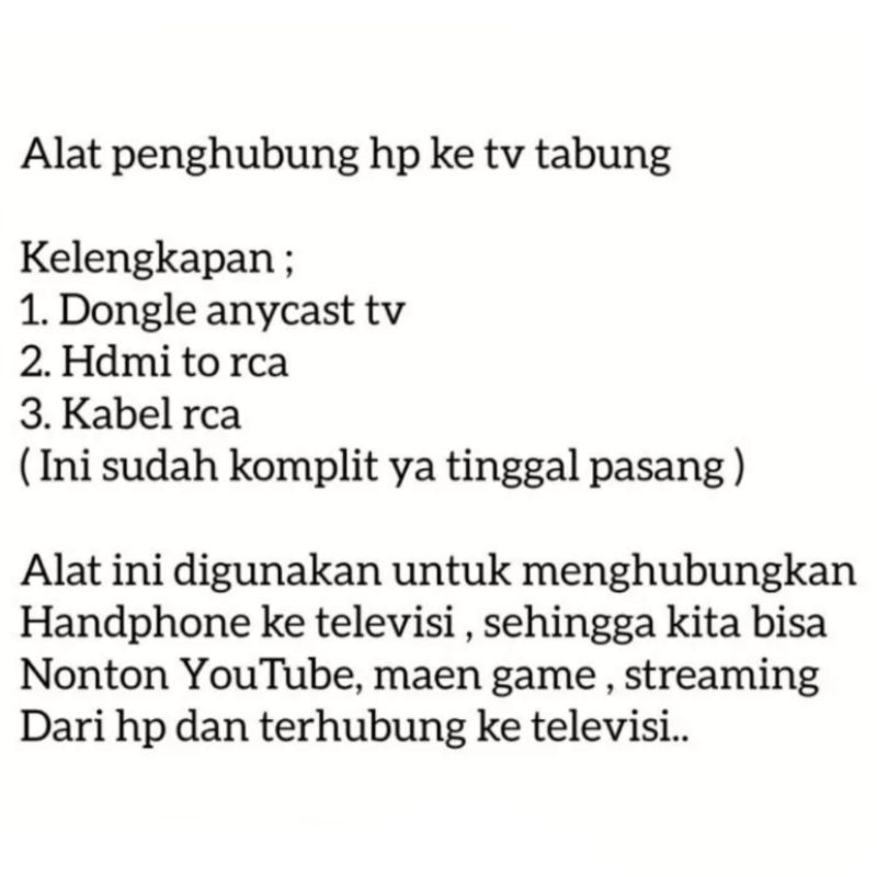 LENGKAP HP KE TV TABUNG / SCREEN MIRRORING ANYCAST DONGLE / SATU PAKET ALAT UNTUK MENYAMBUNGKAN SEBAGAI PENGHUBUNG PENYAMBUNG HP KE TV TABUNG