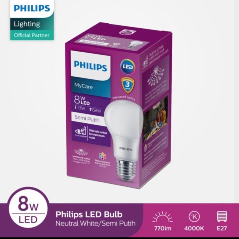 Lampu Led philips 8watt LedBlub 8W semi putih 4000K