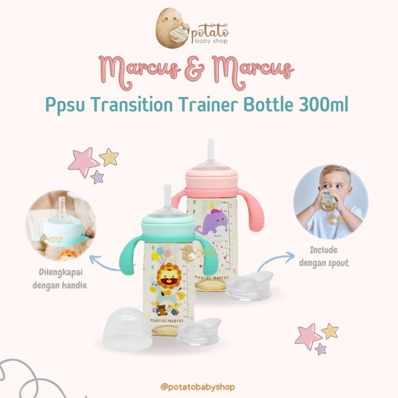 Marcus &amp; Marcus PPSU Transition Straw Trainer Bottle 180ml &amp; 300ml - botol minum anak