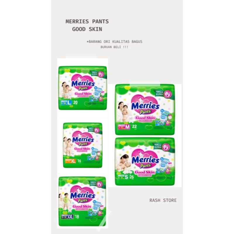Popok Bayi Merries Pants Ukuran S26/M22/L20/XL16/XXL18 Tipe Celana