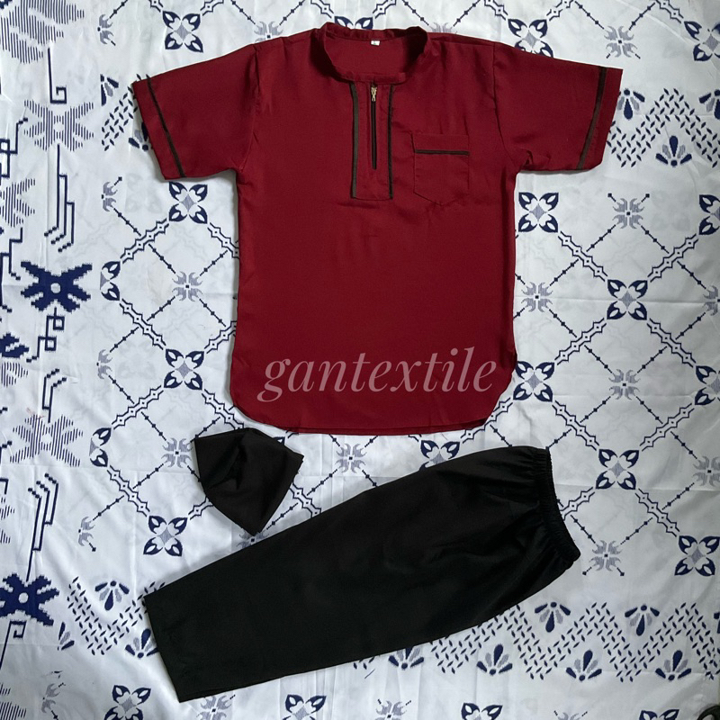 Setelan Baju Koko Muslim Anak Model List Celana Hitam