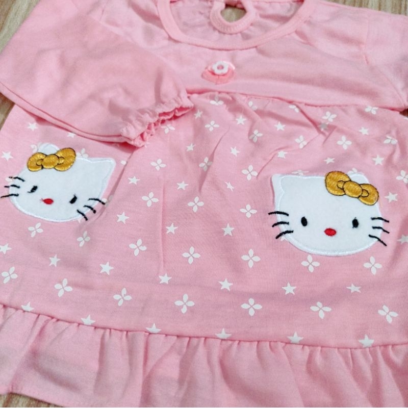 Setelan baju tidur babydoll sleepwear muslim panjang salur pussy cat / hello kitty anak perempuan cewek katun bordir