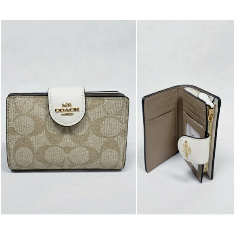 COACH SIGNATURE MEDIUM CORNER ZIP WALLET IN LIGHT KHAKI/CHALK (C0082)