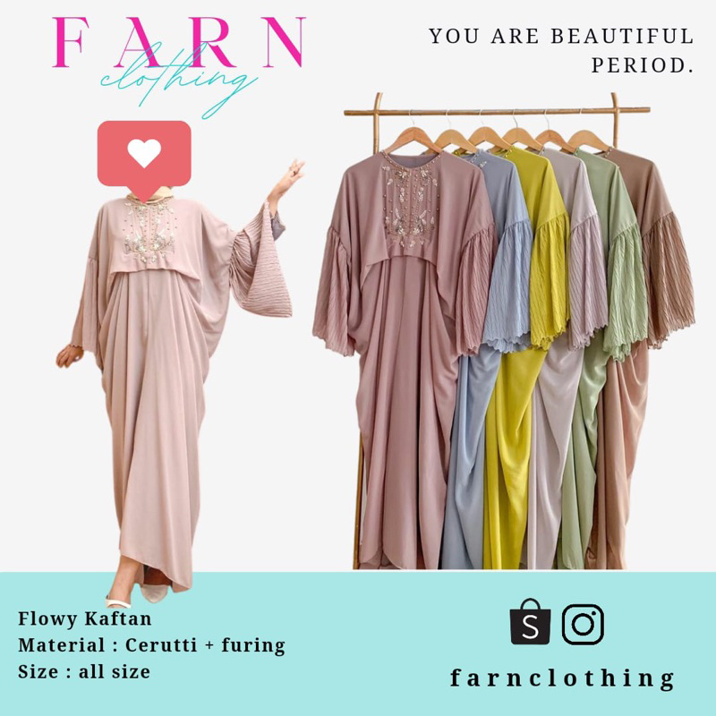 FARN Flowy Kaftan Dress Gaun Terusan Gamis Wanita Kekinian Dusty Pink Stone Blue Lemon Krem Sage Mil