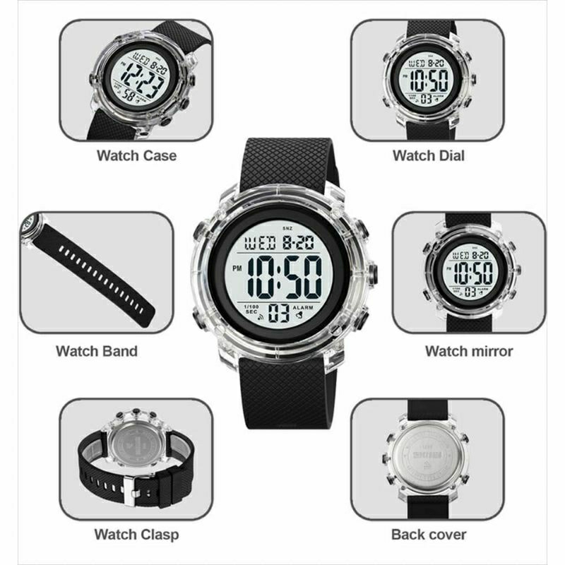 Jam tangan pria Spesifikasi : - DualTime - Diamter 5.5cm - Material Case : Rubber - Strap Rubber - Water Resistant 10 BAR (30M)  - Fitur 24 jam AM/PM - Layar LED - Stopwatch , Alarm 1 kg muat 5 jam tangan