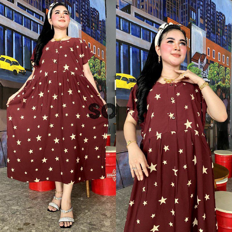 CHIBI DASTER JUMBO RAYON MOTIF BINTANG DRESS IBU HAMIL DAN MENYUSUI