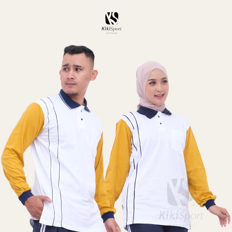 Kemeja Atasan Olahraga Lengan Panjang Katun 20s Putih Mustard • Seragam Olahraga Guru Instansi Senam