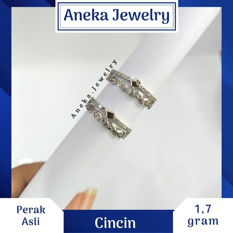 Cincin Double ring Mata Baris Love, Sepuh Emas Putih, Perak 925