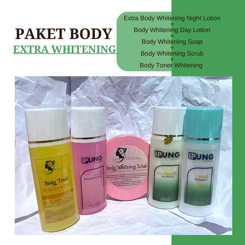 [IPUNG] Paket Body Extra Whitening Isi 5 (Hb malam dosting + Hb siang dosting + Sabun badan dosting + Toner pemutih badan + Lulur perontok daki)