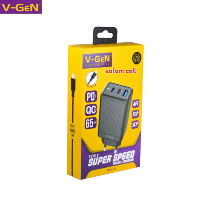 Charger V-Gen VCT3-03 65W 3Port PD3.0 Original Vgen Vct3 03 Garansi Resmi