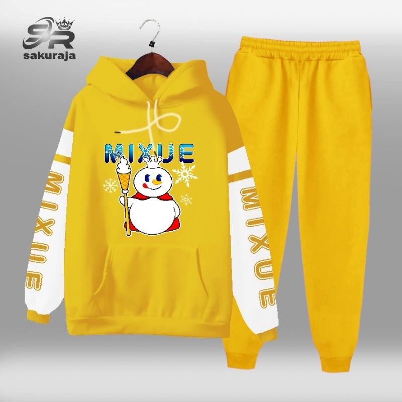 setelan Hoodie kombinasi tangan putih anak gambar mixue ice cream/viral/umur 3-17 tahun