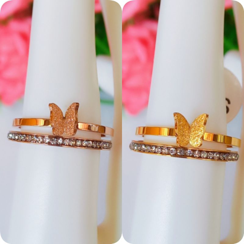 2 Pcs Cincin Titanium Kupu Kupu Permata