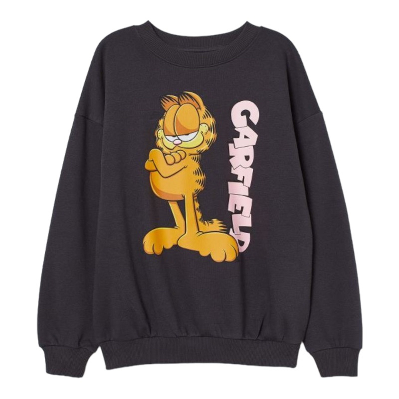 ( 8.8 ) Crewneck Sweatshirt H&amp;M Unisex Sablon Garfield Black Hitam, Flecee Katun Lembut Tebal, Free Papperbag