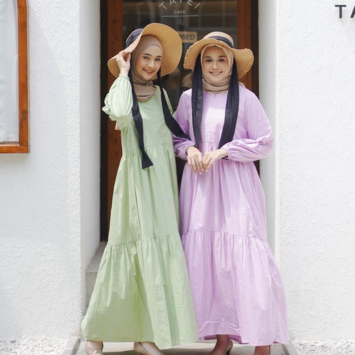 Maxi Dress Katun Aghnia Long Sleeve Cute Korea Korean Style Kekinian COD Murah Karet Rok Gaun Gamis 