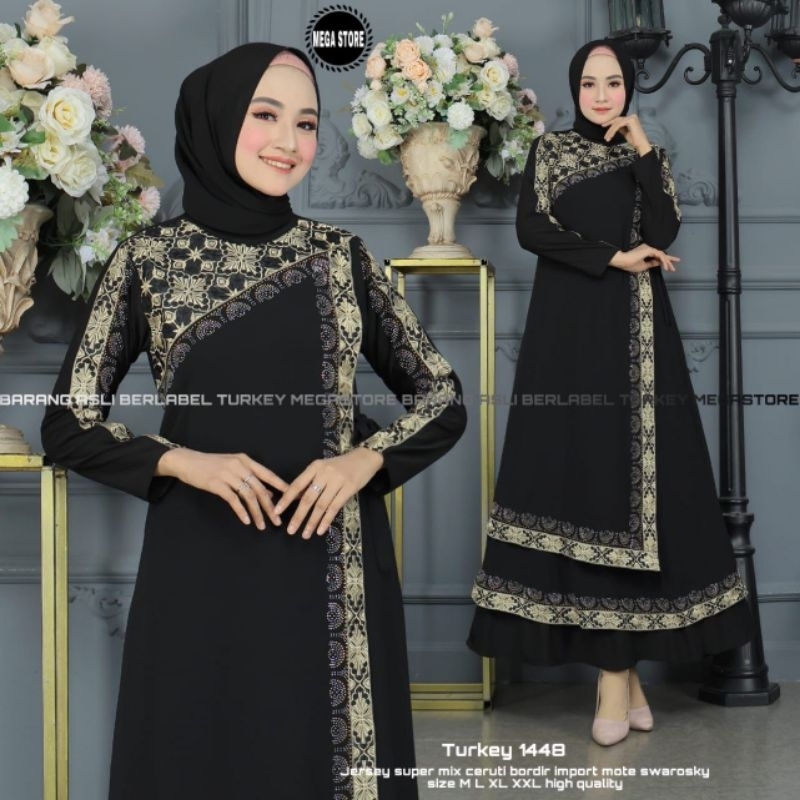 Baju Gamis Wanita Abaya Turkey Turki Hitam 1448 Dress Dres Jubah Hitam Ori Megastore