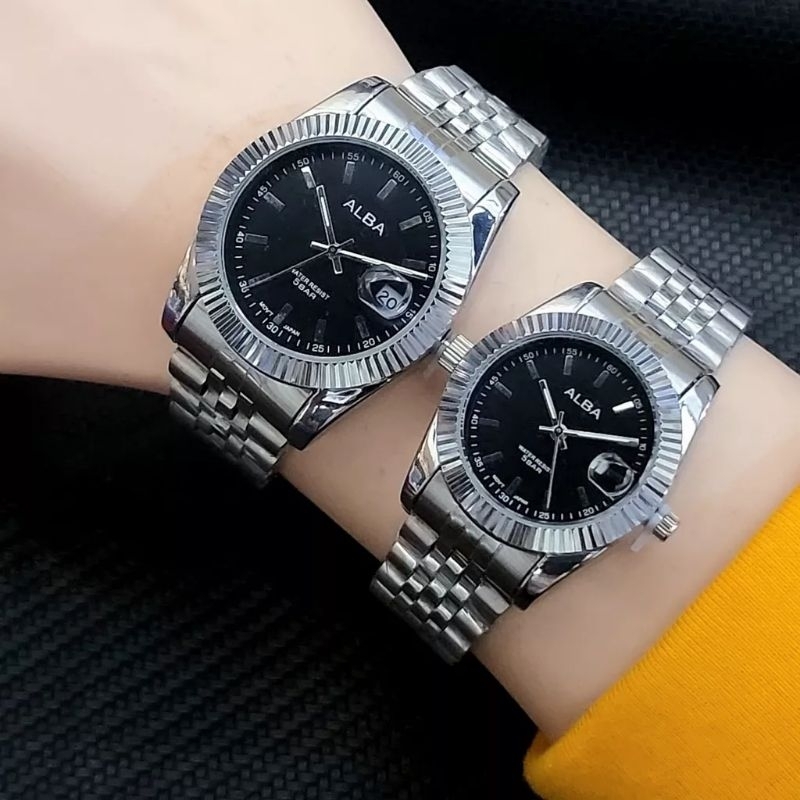 Jam Tangan Alba Couple Model Grigi Terbaru | Jam Tangan Pasangan Rantai Tanggal Aktif Free Bok Termurah