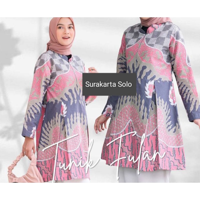 Tunik Batik Wanita Eksklusif Solo warna pink lengan panjang size S-XXXL