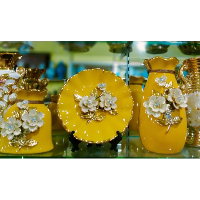 pajangan keramik vas piring mewah set / pajangan lemari hias / dekorasi rumah / keramik hias antik