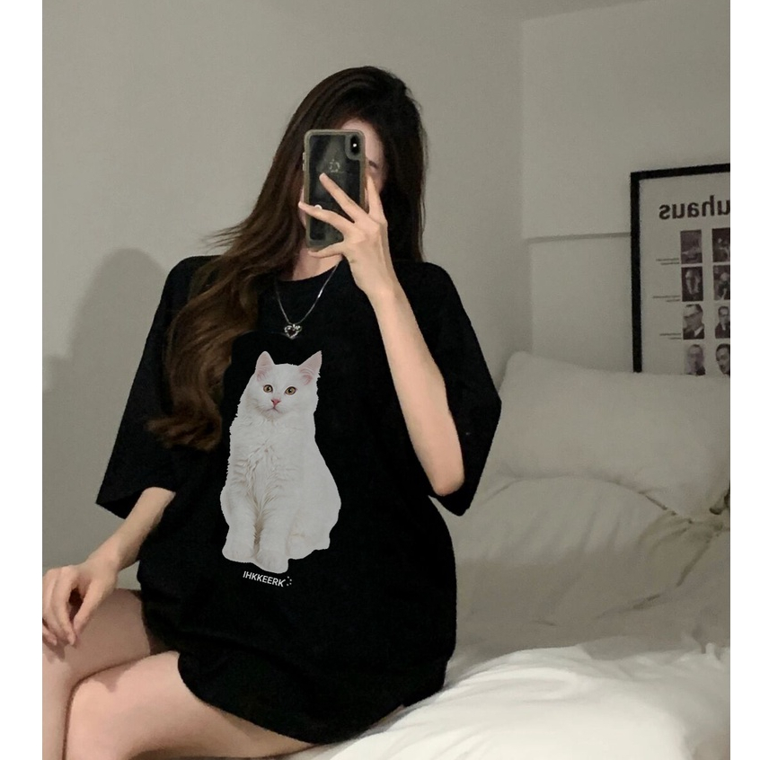 kaos hitam oversize wanita american retro cartoon cat motif printed t-shirt lengan pendek kaos atasan wanita