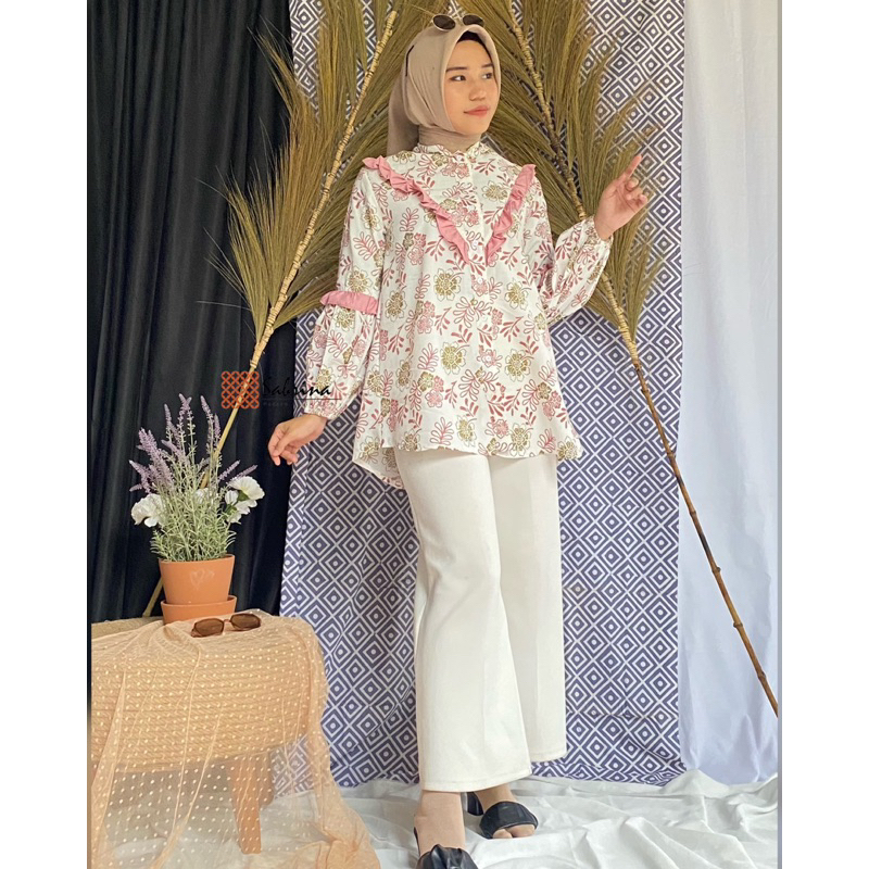 ALMYA BLOUSE Atasan Kemeja Batik Kerja Kantor Wanita Cantik Modis Modern Kekinian Print Katun Pastel Rampel Busui