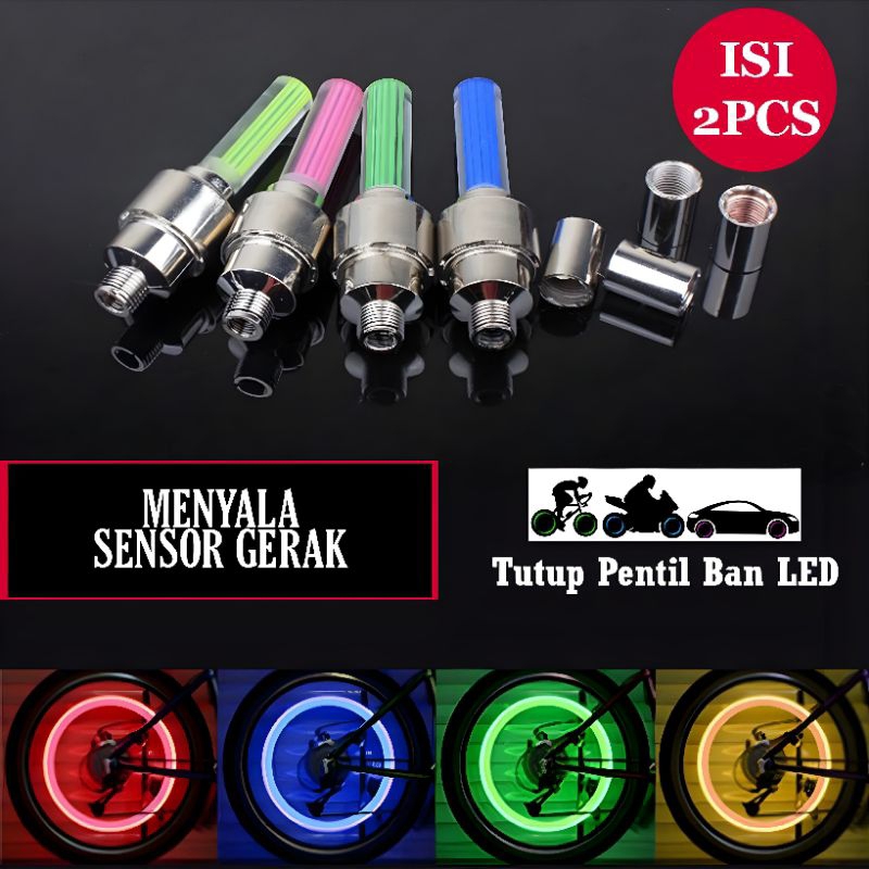 Tutup Pentil Ban LED Motor Sepeda Mobil Sensor Gerak (SATU SET 2 PCS)