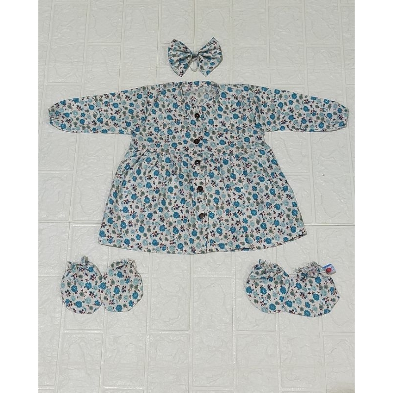 Dress Aqiqah Umur 0-6 bulan Bahan Katun Premium dilengkapi kaos tangan kaki bayi bandan Baby Newborn