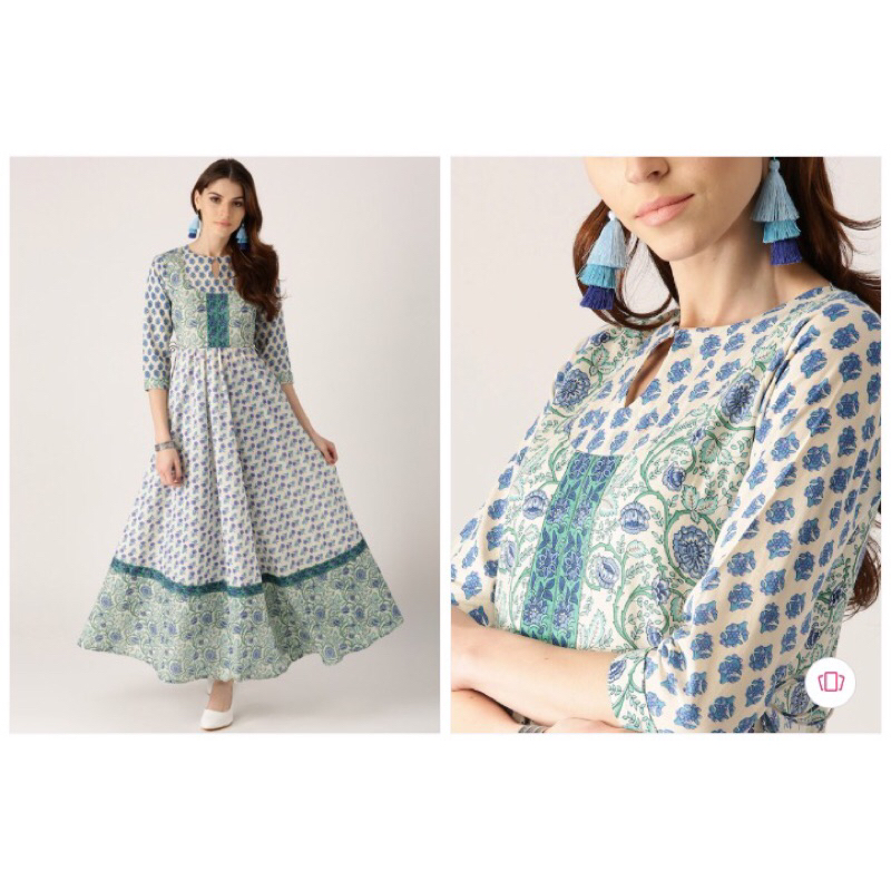 Kurti India Size M L / Libas Women White &amp; Blue Printed Anarkali Kurta / Dress India / Baju Lebaran / Dress Lebaran Wanita / Baju Busana Muslimah / Pakaian Idul Fitri Wanita
