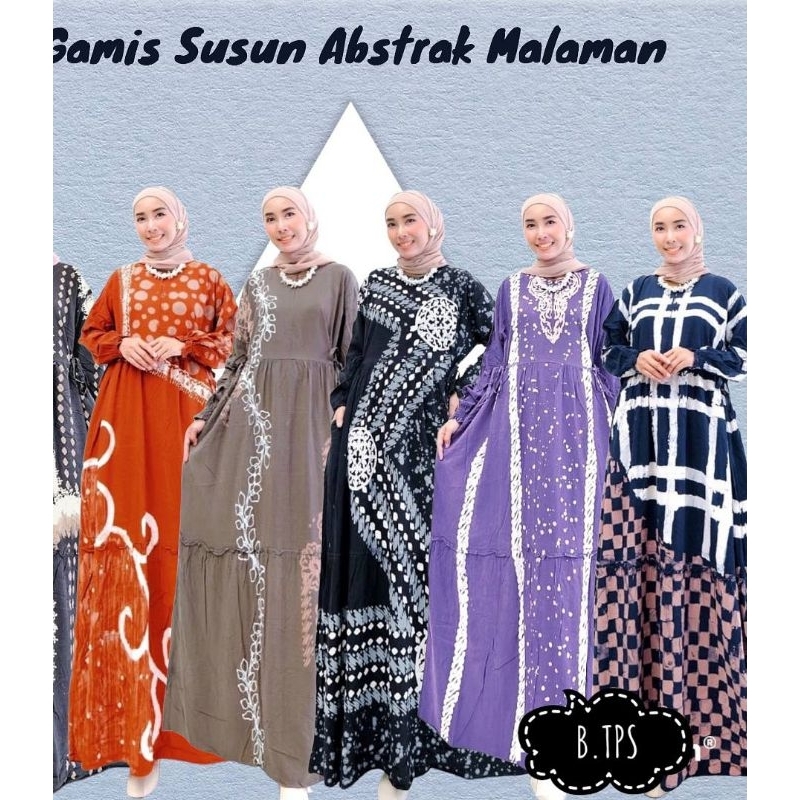 Gamis Rayon Tebal Model Susun Batik Cap Abstrak Malaman Busui Friendly Resleting Depan