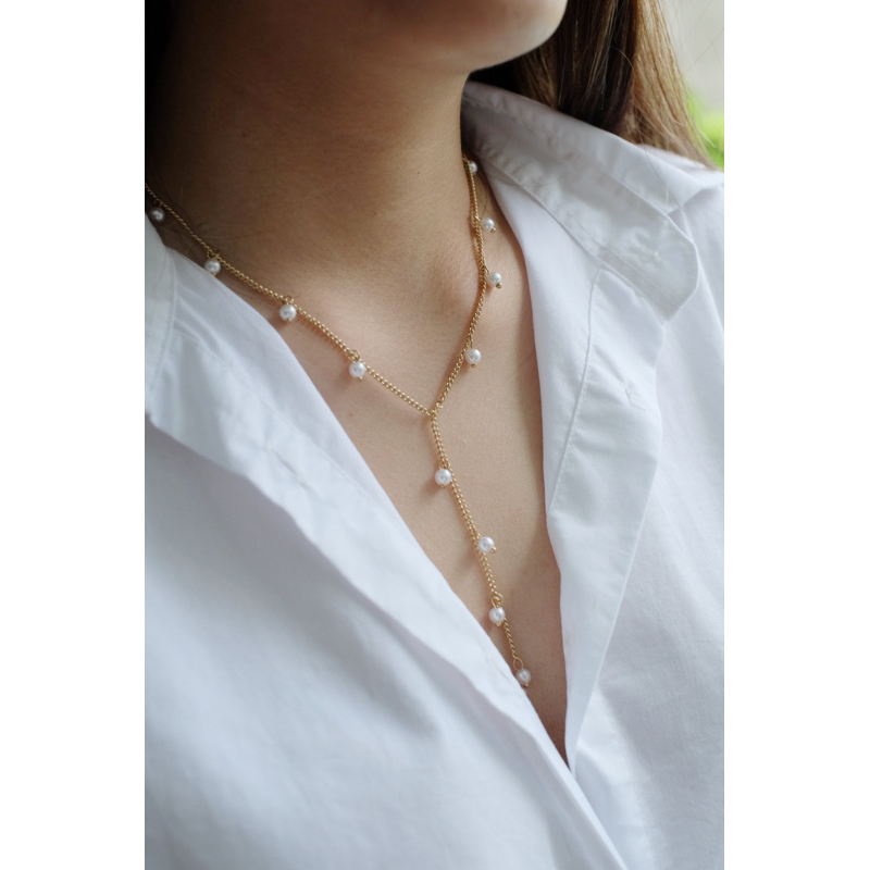 Ark.co - Versary necklace (pearl &amp; gold beads&amp; flower) kalung Y lariat mutiara bunga putih simple minimalis