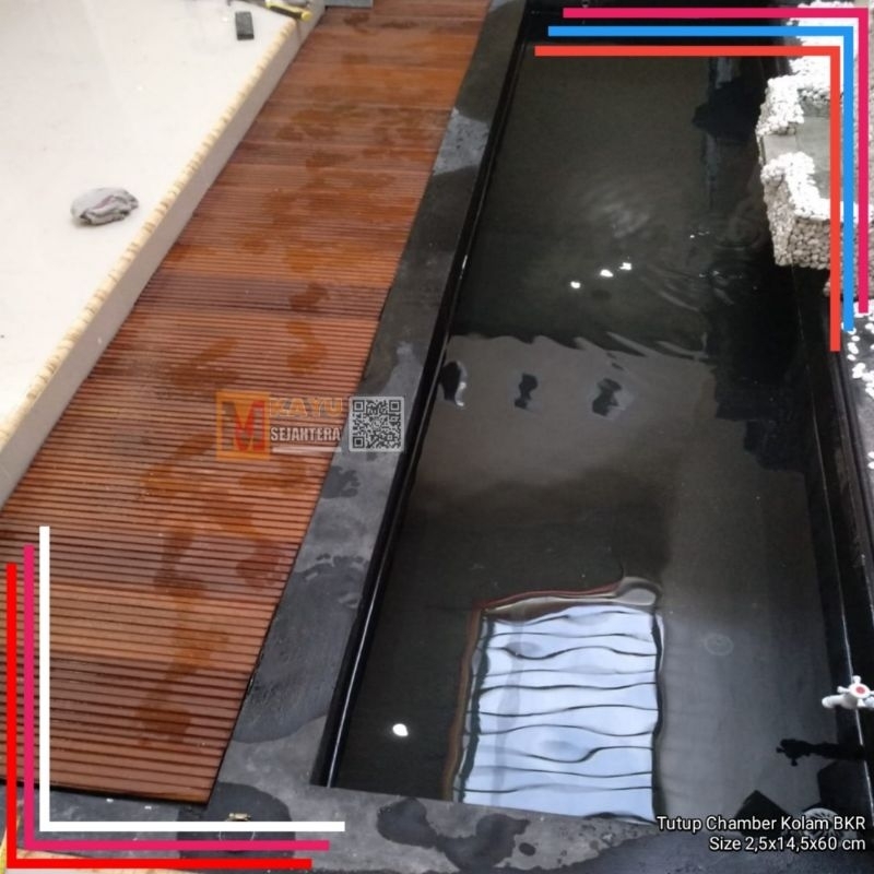 Papan Kayu Tutup Chamber Filter Kolam Aquarium Decking Bengkirai Motif Garis Pernis Batangan 2,5 x 1