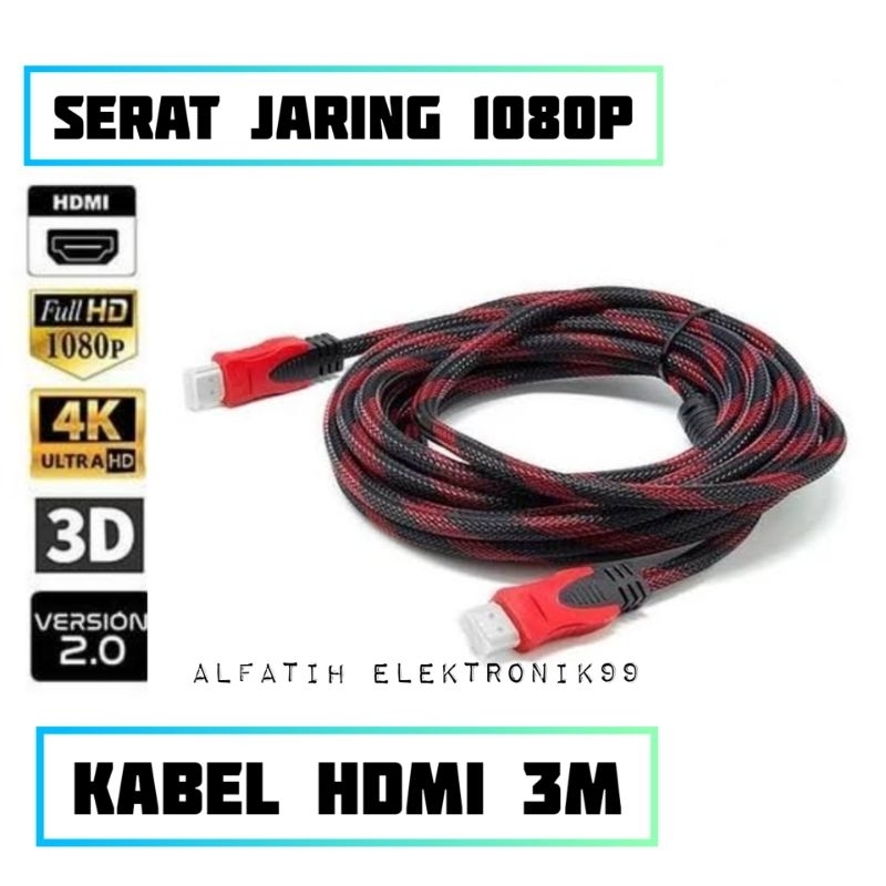 KABEL HDMI SERAT JARING MALE TO MALE 3 METER VERSI 1.4 1080P FULL HD