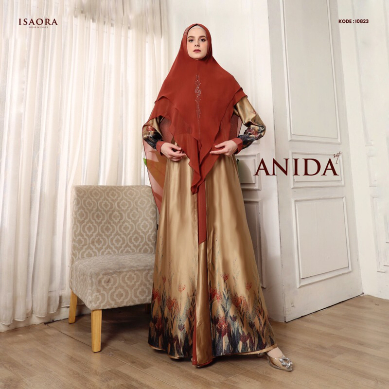 Gamis syari Anida set brand isaora/syar’i rosecrape/ gamis silk/gamis armani silk/gamis abaya semi s