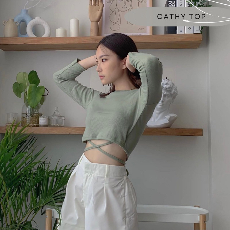 CATHY LONG SLEEVE CROP TOP SUMMER KOREA - CROP TOP STRETCHY PREMIUM - ATASAN TANGAN PANJANG SEXY WANITA TALI - CASUAL OUTFIT KOREA - HADIAH / KADO ULTAH CEWEK