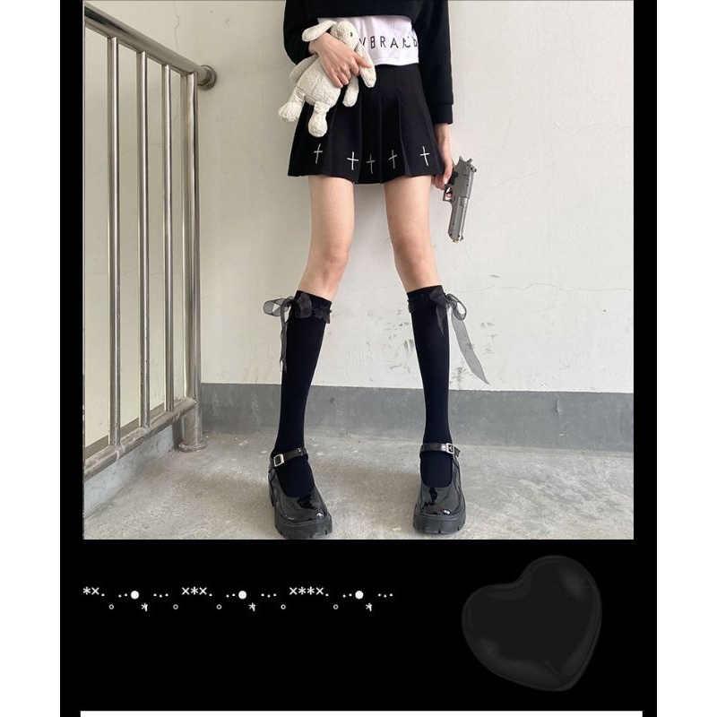 [MikanHiro Store] Kaos Kaki Stoking Transparan Selutut Renda Cute Lolita Japan Cosplay spring and autumn velvet Japanese Lolita black and white tube socks girl lolit a strap lace bow jk calf