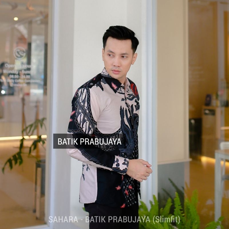 SAHARA Kemeja Batik Pria Modern Premium Lengan Panjang Terbaru - Baju Hem Batik Pria Putih Hitam Tangan Panjang Cowok Kondangan Pesta Kerja