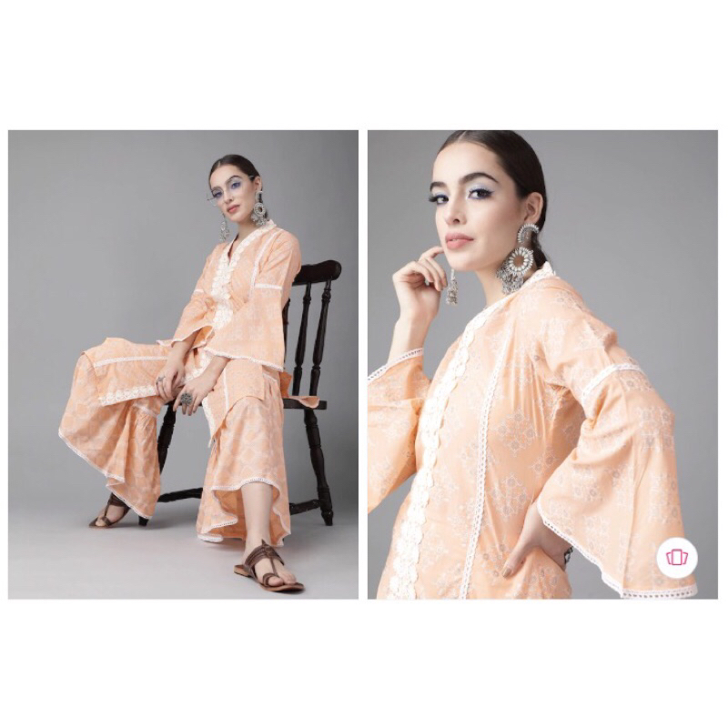 KURTI INDIA SIZE M L / Libas Women Peach-Coloured Pure Cotton Ethnic Motifs Printed Panelled Kurta w